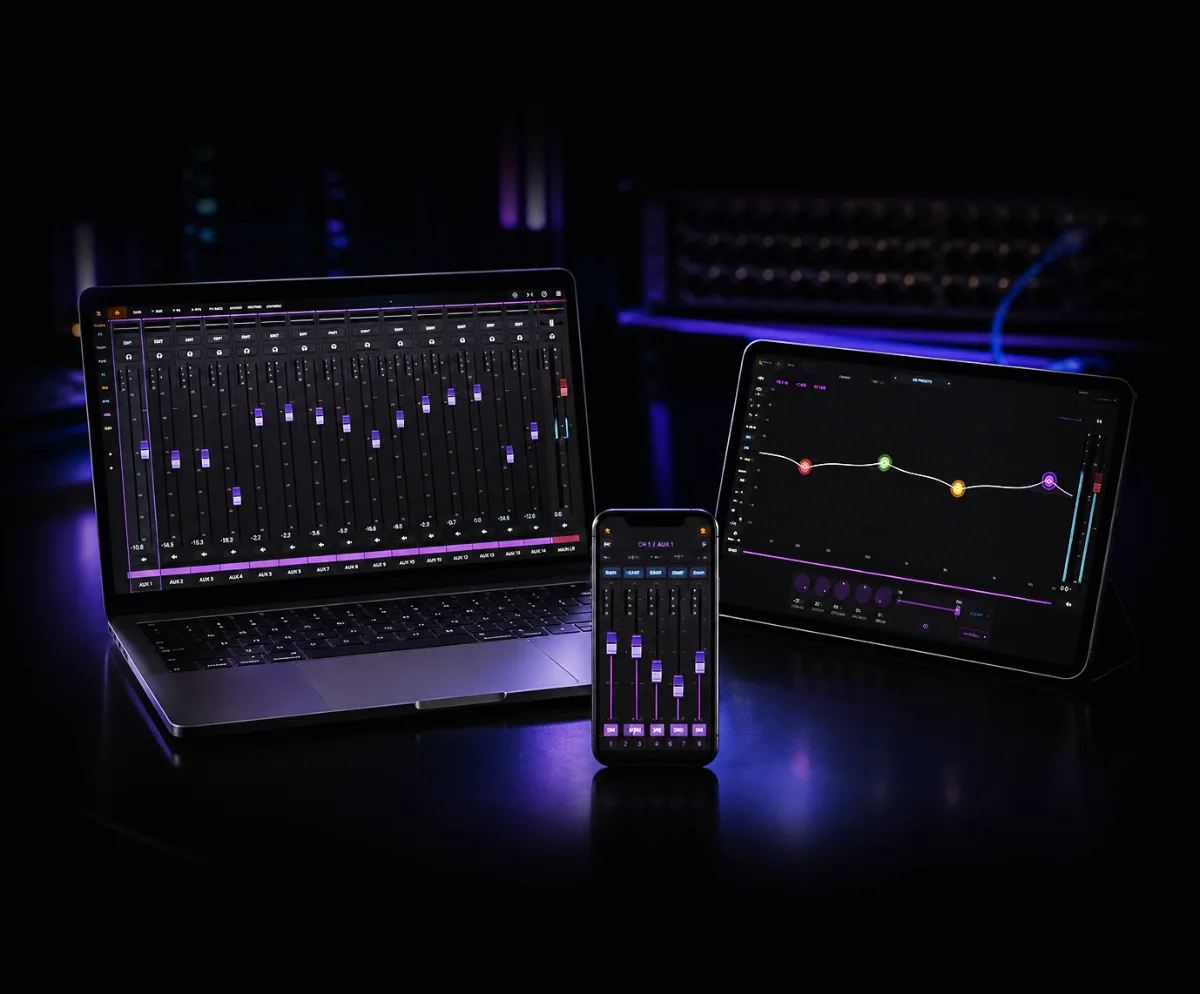 dMix Control running on laptop, tablet and phone
